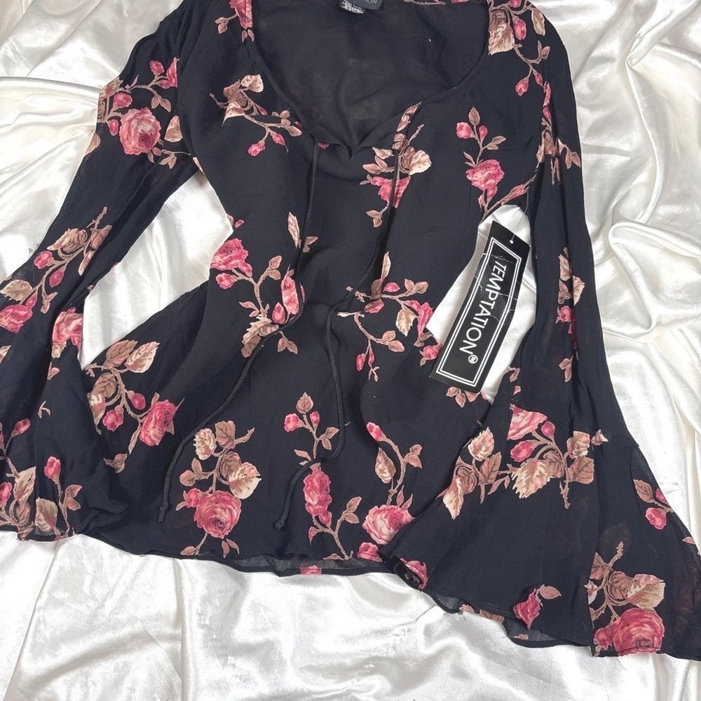 y2k Blouse Black NEW Temptation Floral Rose Bell Sleeve Tie Front Top Size 6